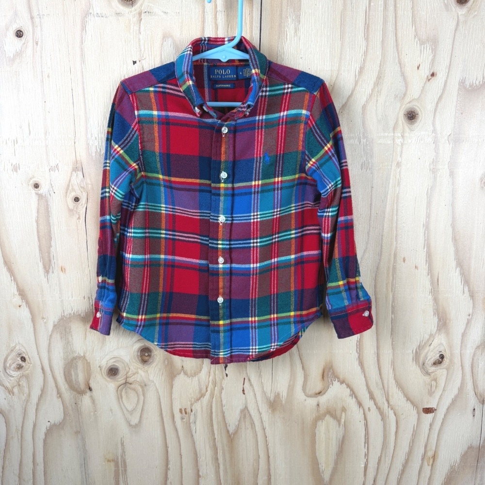 Polo Ralph Lauren Plaid Performance Flannel Shirt Boys 4 Red Green Excellent